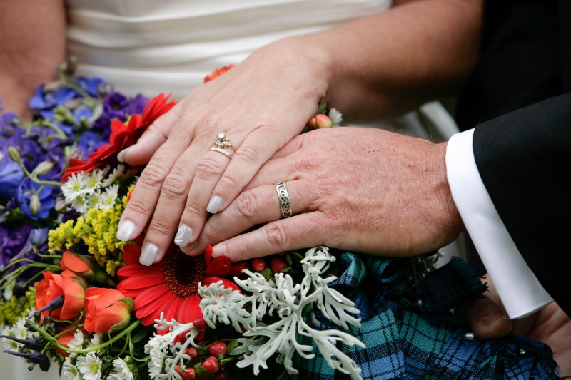 flowers and wedding rings for ceremony