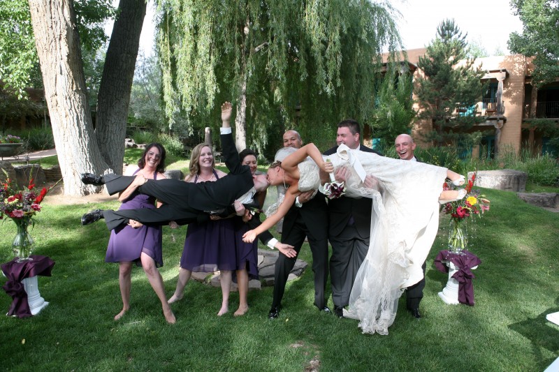 Wedding party adorned in purples