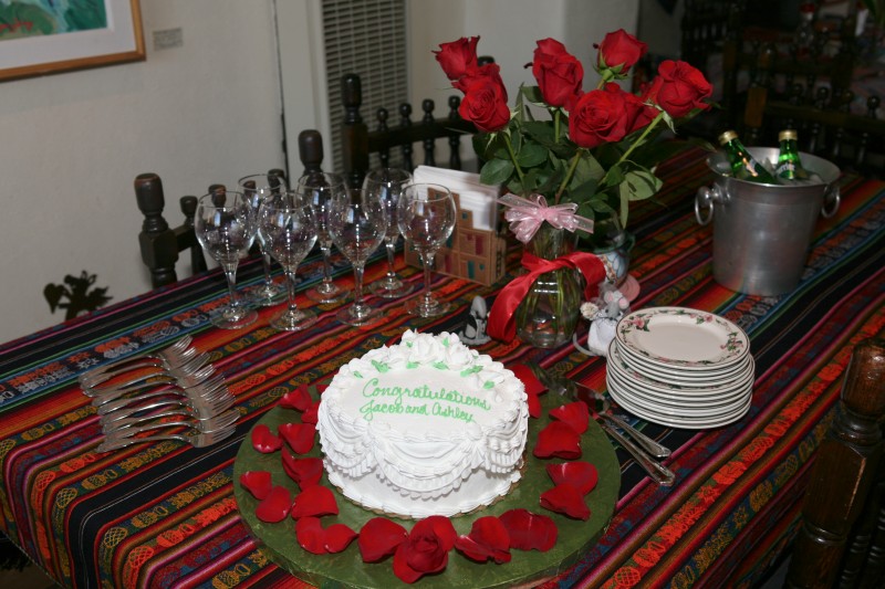 wedding cake, bouquet, and toast