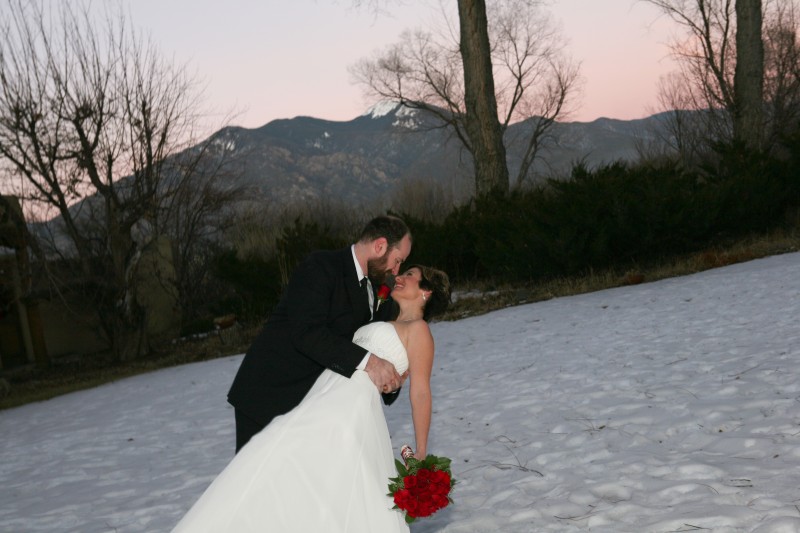 Taos mountain in winter at sunset
