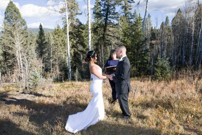 Wedding in late October in the mountains with bare aspen trees