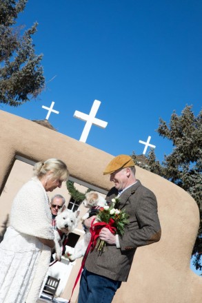 Colorado couple on destination elopement to Taos, NM, a ceremony under blue skies with two dogs.