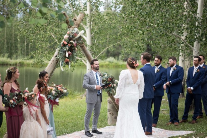 Valle Escondido wedding ceremony on private land by pond