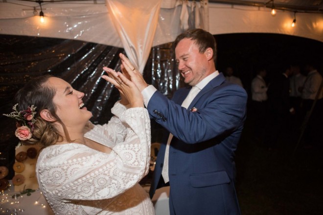 Here's a after-the-cake-cutting wedding high-five!