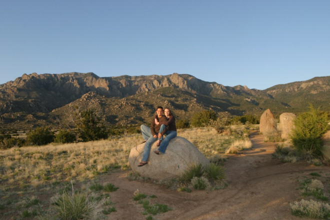 The Sandia mountains in golden hour at Elena Gallegos