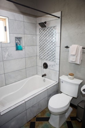 Bathroom with fixtures included in real estate photos for Airbnb