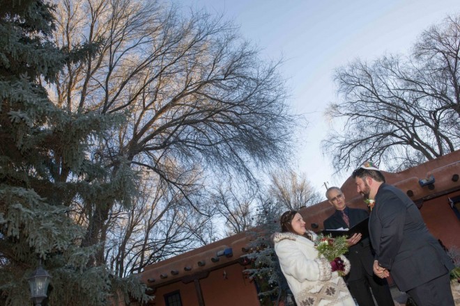 December wedding with the sunlight touching bare cottonwood trees
