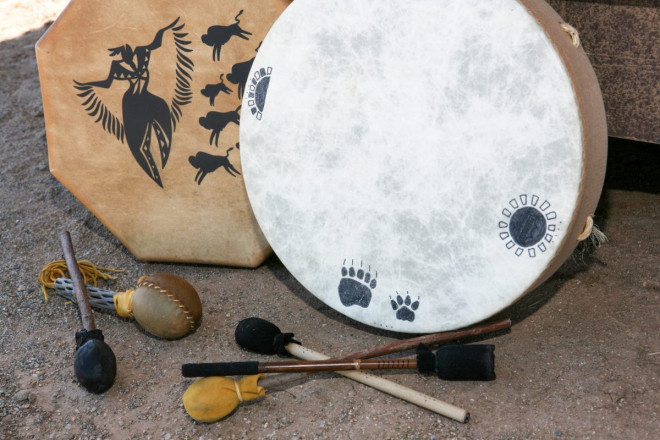 Detail photos of drums and mallets during photoshoot of religious space