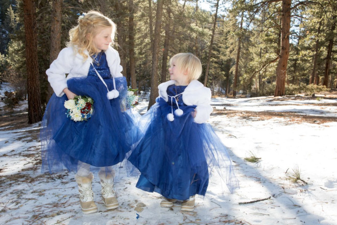 Blue flower girl dresses and white Sorel boots