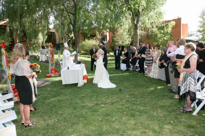 Wedding ceremony with a circular set up at El Monte Sagrado in Taos