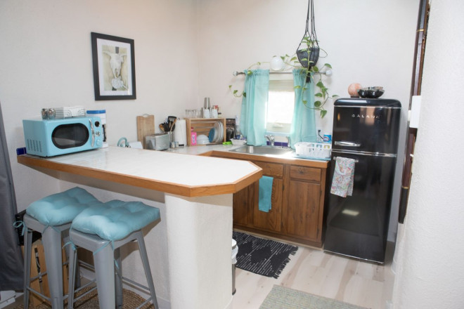 Kitchen in studio apartment with breakfast bar near Taos plaza