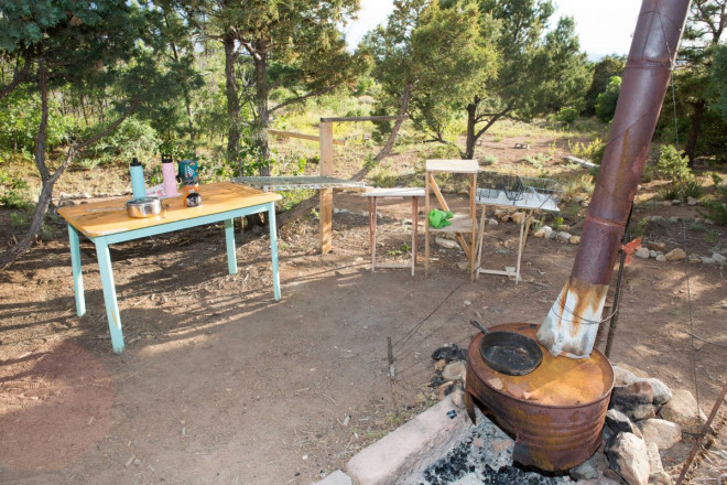 Small outdoor kitchen at camping site for rent near Questa, NM