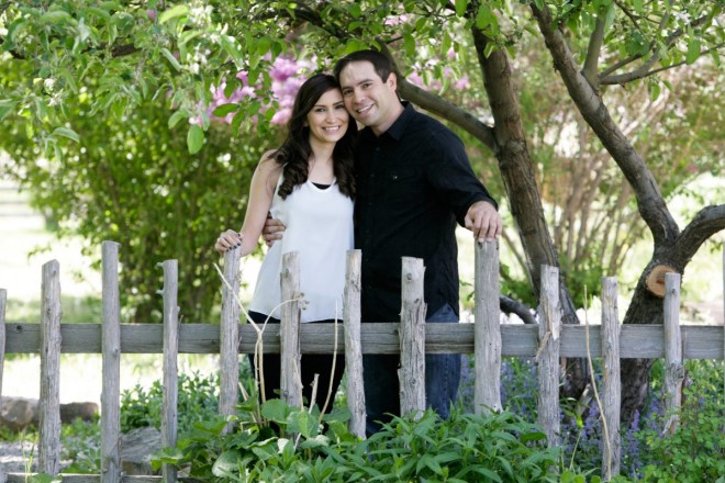 Springtime engagement photos with flowering tree