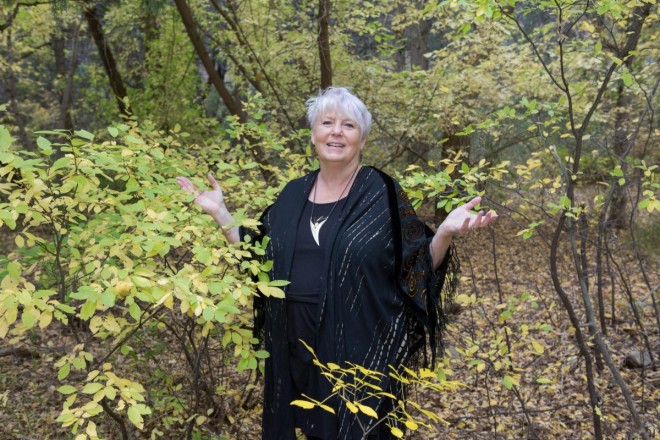 Carson National forest in autumn is a perfect backdrop for this Taos authors' book photo