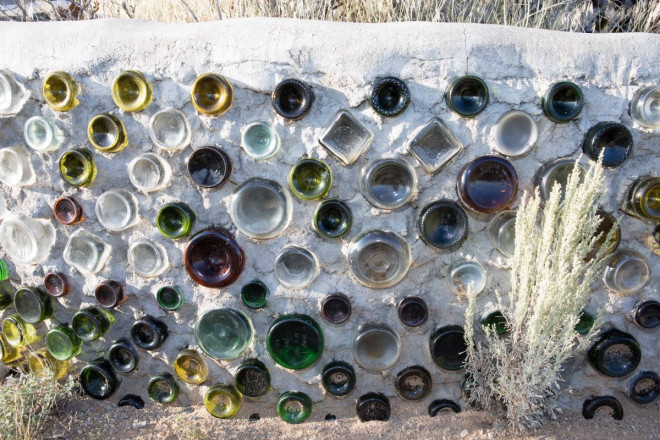 Recycled glass wall at Earthship Community in Taos, NM