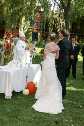 Formal outdoor Catholic wedding in the sacred circle at El Monte Sagrado