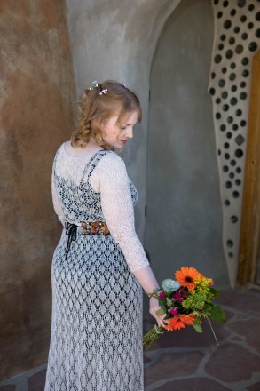 Lindsey crocheted her wedding dress and made her beaded belt for her destination Taos wedding