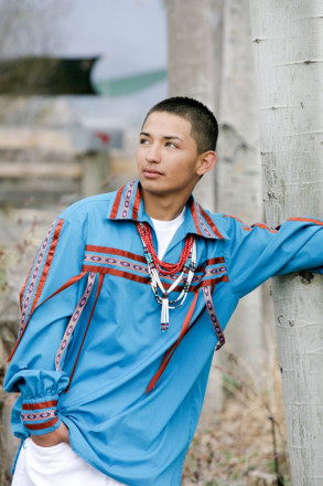 Portraits of senior from Espanola wearing traditional ribbon shirt