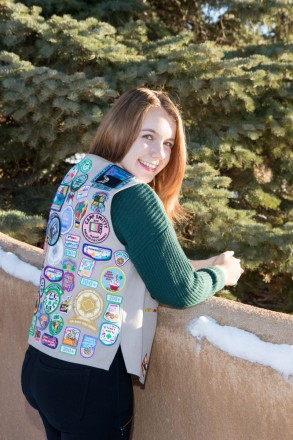 Golden hour photography in Taos of Girl Scout who has earned her Gold Award.