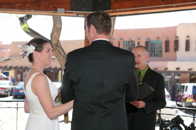 Destination wedding in Taos plaza under gazebo
