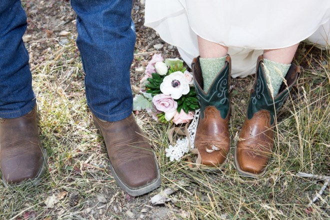 Wedding cowboy boots and wool socks and rings