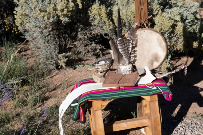 The wedding was officiant was from the Taos Pueblo, her altar included a drum, pipe, and bowl of sage