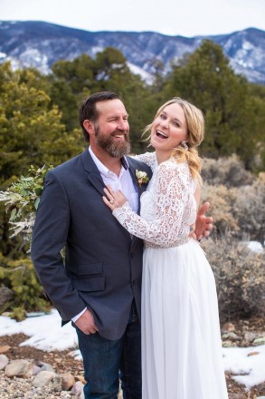 The bride and groom share a laugh after their northern New Mexico wedding elopement