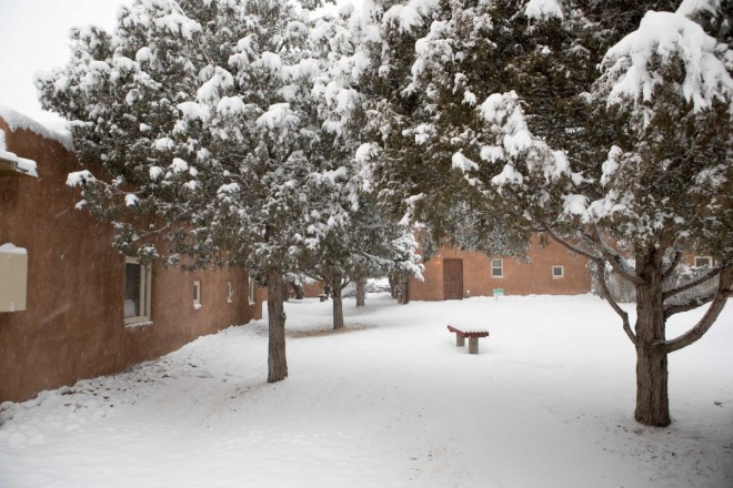 Snowy path outside condo in Taos, NM