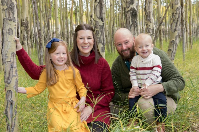 Outdoor October family photos in Angel Fire with aspens and fall foliage