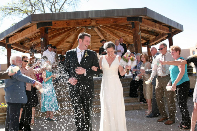 Taos gazebo wedding wtih birdseed confetti toss afterwards