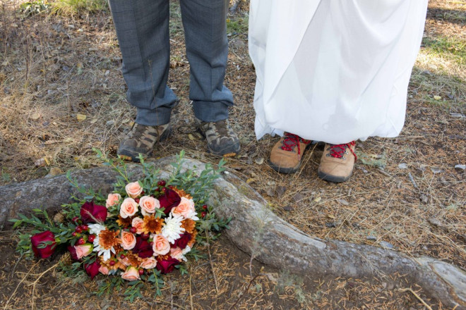 Hiking boots and wedding flowers and tree roots, oh Taos!