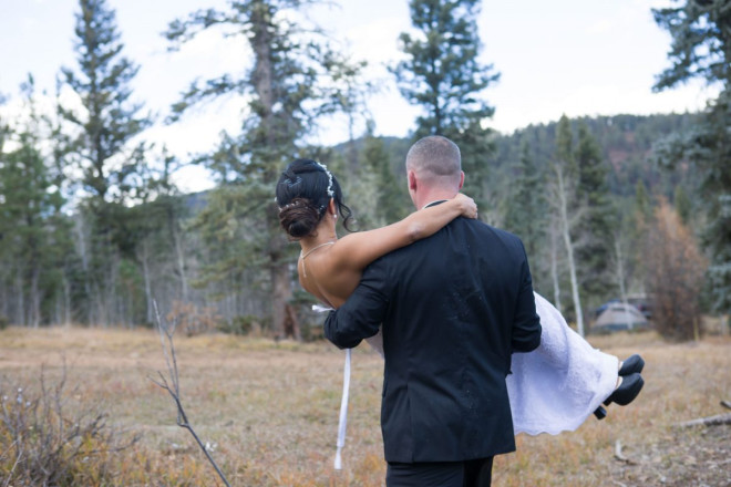 Matthew and Chisato walk off towards the mountains after their wedding ceremony