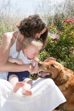 Wedding day portraits with mother, baby, and Golden Retriever