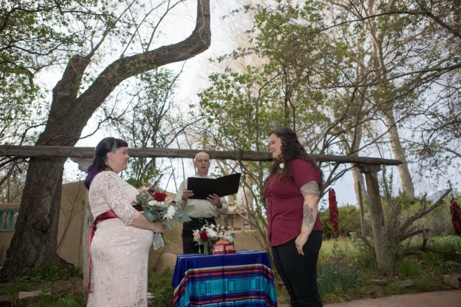 Same-sex marriage under the cottonwoods and adorned with chile ristras