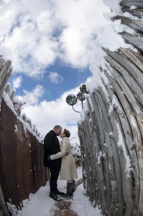 The Taos sky offered the newlyweds a touch of blue after their 20 degree outdoor wedding ceremony