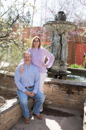 Easter shoot with spring blossoms and fountain at local Taos' resort