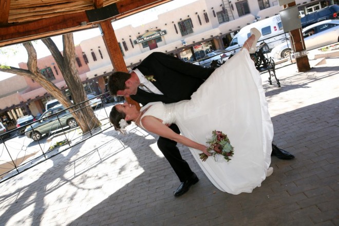 Beautiful dip in Taos plaza for New Mexico wedding in May