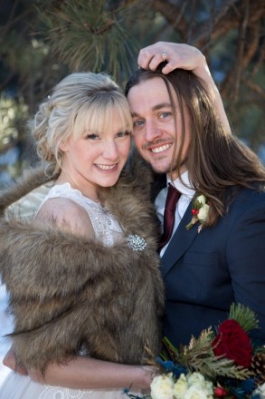 Bride, Amberly, in fur cape with vintage broach