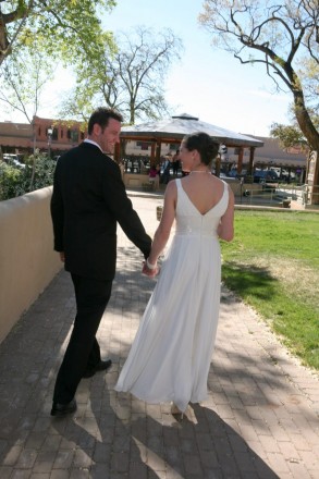 An early May Taos wedding under the cottonwoods and plaza gazebo