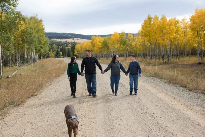 Family pictures including the dog, in the aspens of Angel Fire, NM