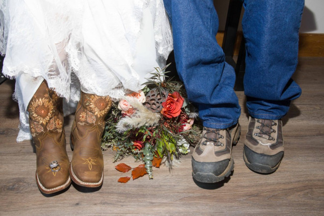 The wedding boots, the flowers, the rings.
