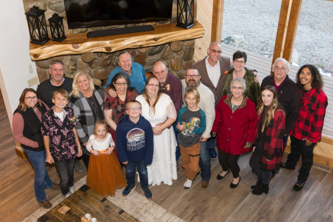 We got a wonderful group shot of everyone at Celeste and Joe's mountain wedding