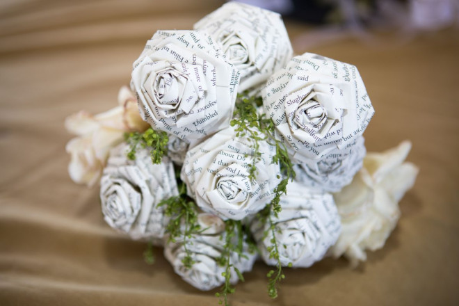 Wedding bouquet made from pages of Harry Potter books.
