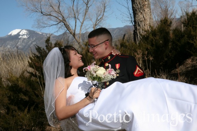 bride, groom, taos mountains