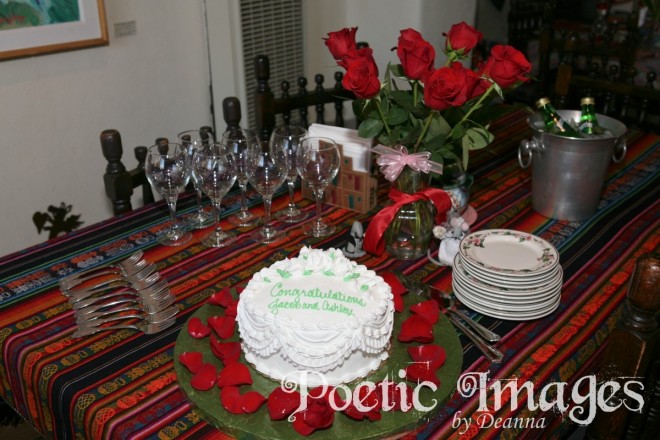 wedding cake, bouquet, and toast