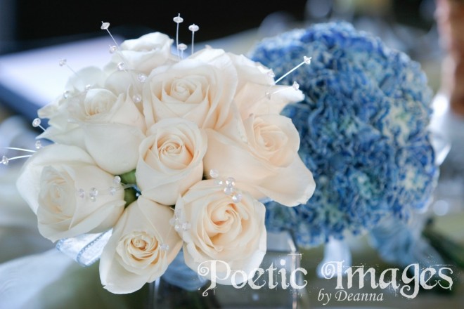 white roses, blue carnations 