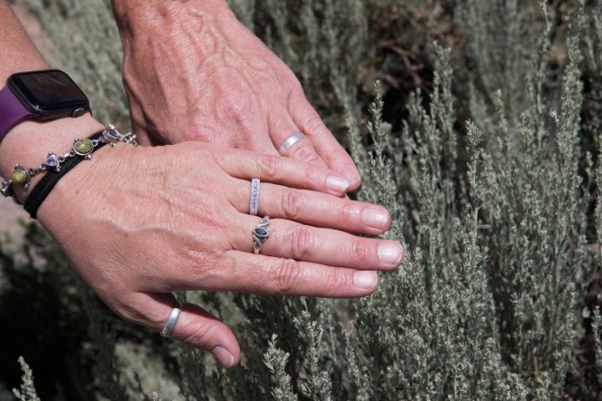 What makes a better background for a ring shot at a wedding than popular Taos plant, sagebrush.