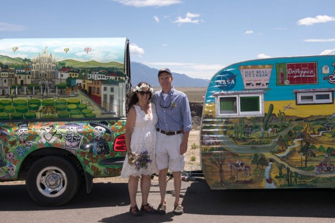 Last picture of the wedding with Keri and Robert by crazy Taos camper and truck.