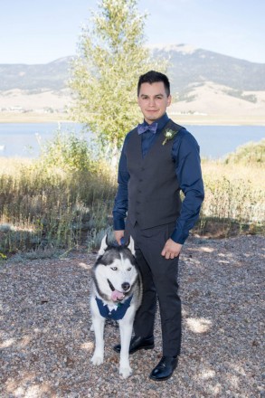 Groom with best dog at wedding in Eagle Nest lake in northern NM