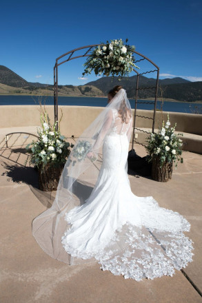 Bridal portrait of the back of Victoria's wedding dress with French veil